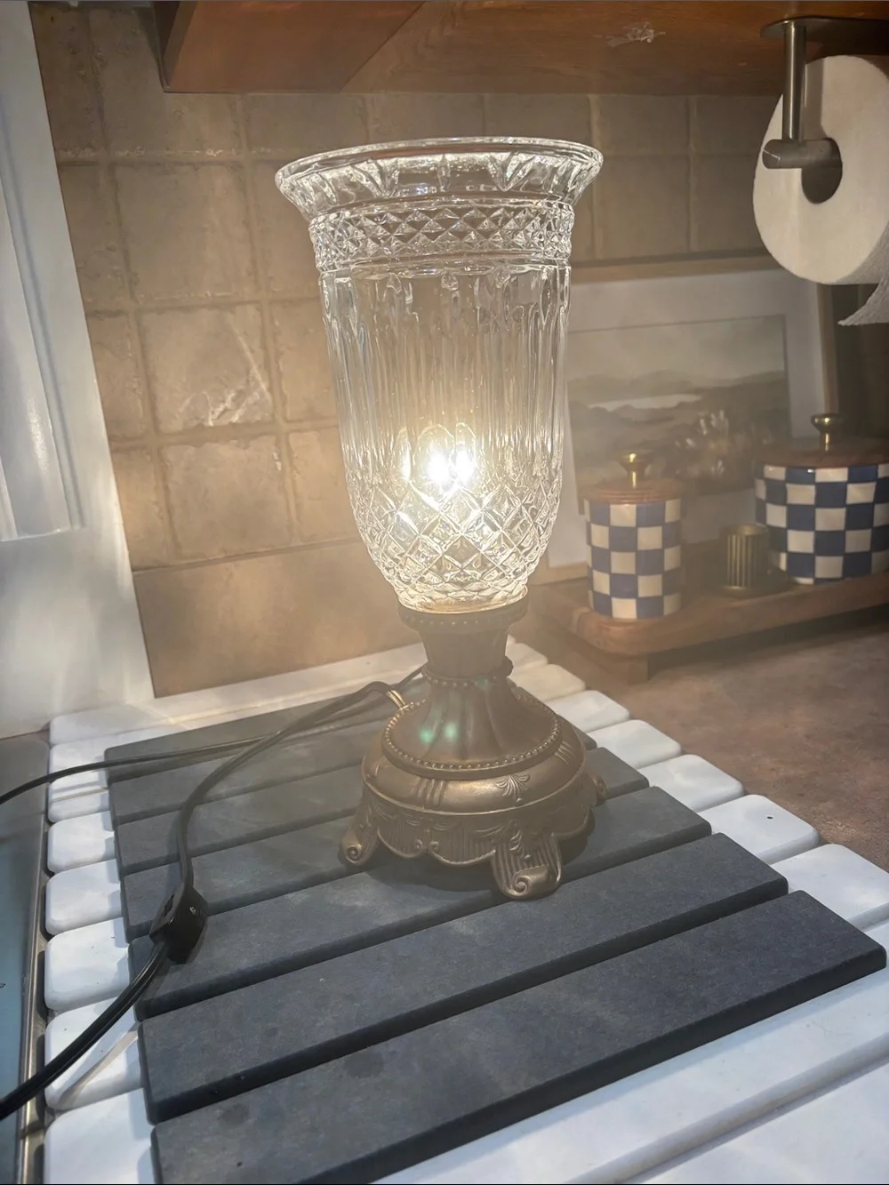 Cut Crystal Hurricane Lamp with Ornate Gold-Tone Base